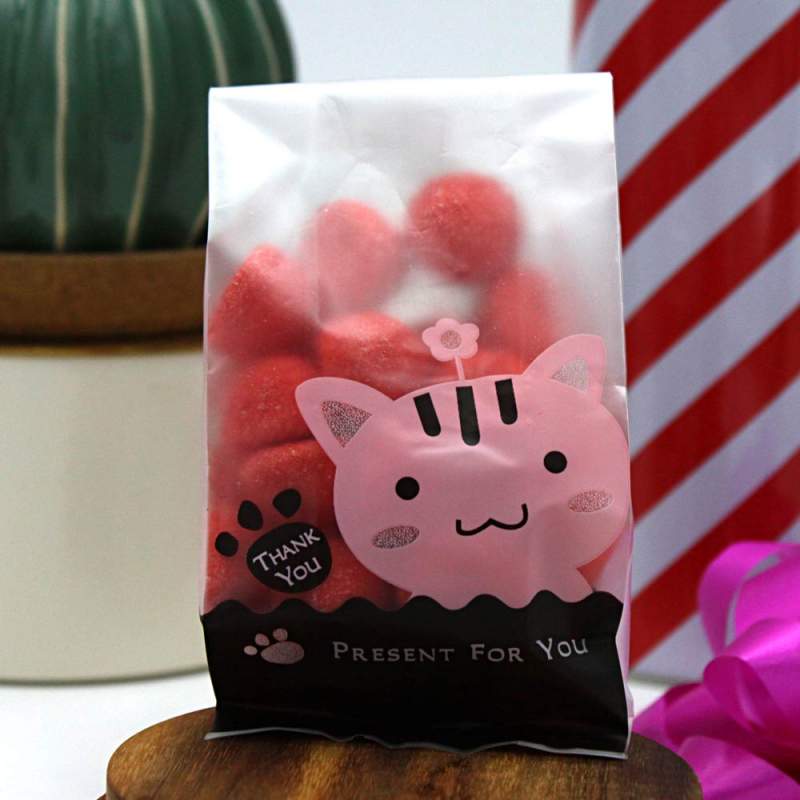 Mini sachet plastique transparent ThankYou chat rose